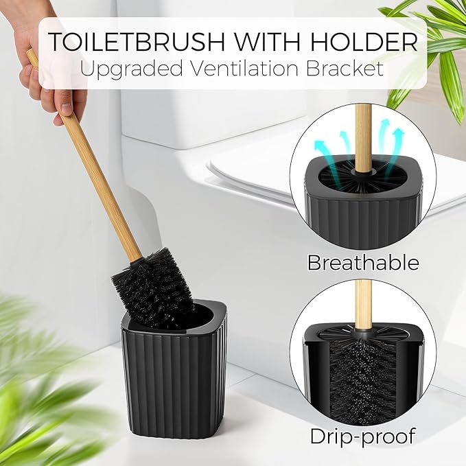 Bathroom Accessories Set - Unbreakable Black Bathroom Set, Trash Can, Toilet Brush with Holder, Soap Dispenser, Toothbrush and Toothpaste Holder, Tumbler Cup, Soap Dish, Qtip Holder, Bamboo Decor