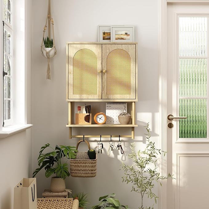 RUSTOWN Rattan Bathroom Wall Cabinet, Modern Boho Medicine Cabinet with Two Arched Rattan Doors, Over The Toilet Storage Cabinet with Adjustable Shelf and Towel Bar for Bathroom (Natural,Medium)