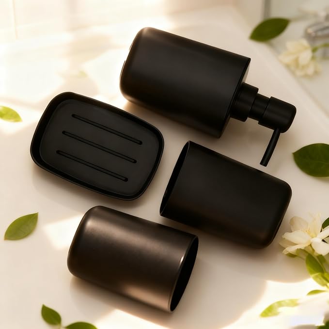 Matte Black Bathroom Accessories Set, 4-Piece Plastic Bathroom Decor Set with Soap Dispenser, Toothbrush Holder, Rinse Cup & Soap Dish, Countertop Bathroom Organizer