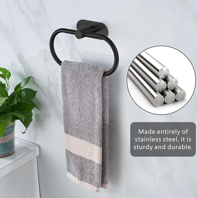 Towel Bar/Bath Towel Ring, Self Adhesive Hand Towel Ring for Bathroom, Stainless Steel Sticky Hand Towel Holder, No Drilling Modern Round Towel Hanger Wall Mounted (Black)