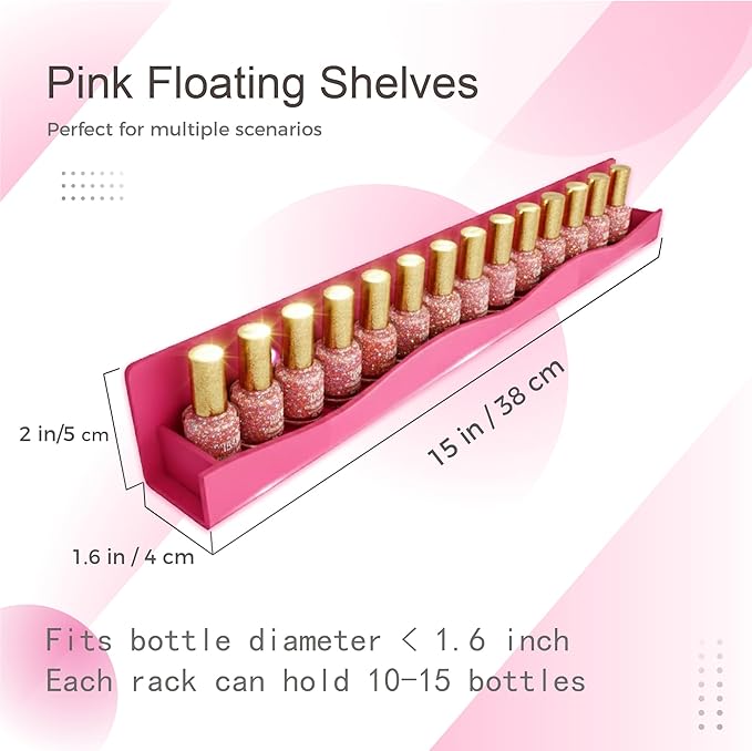 6 Pack Nail Polish Wall Mounted Shelf,15 Inch Nail Polish Floating Shelves for 66-90 Bottles Multi-Purpose,Ideal Gift, Great Display for Salons Retailers,Dark Pink