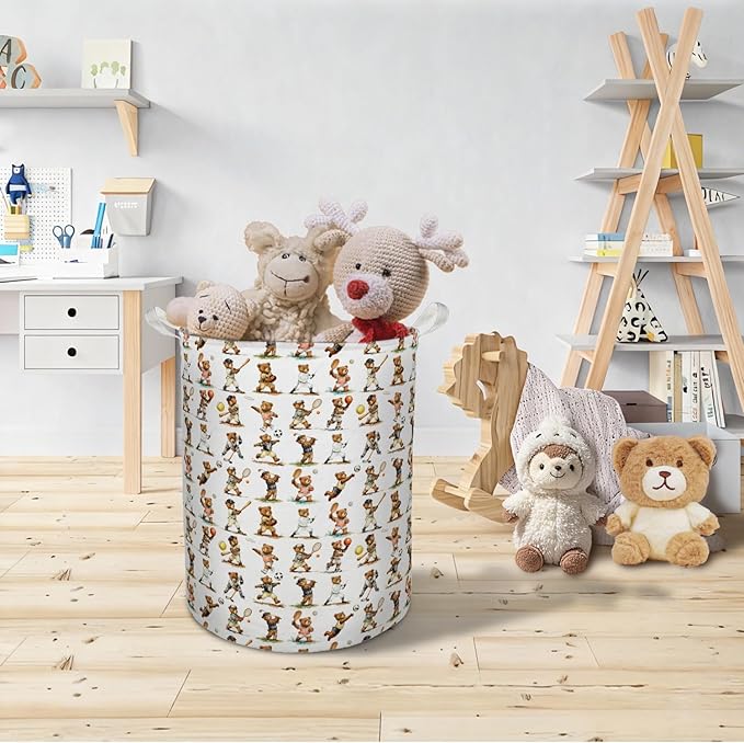 Sports Bear Nursery Laundry Basket Hamper, Sports Decor for Boys Bedroom, Cute Bear Player Foldable Clothes Toys Books Storage Box Bins Baskets Organizer for Kids Boys Room Playroom