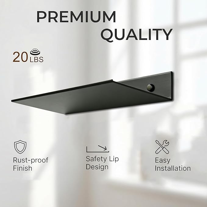 Z metnal Small Metal Shelves, Mini Floating Shelf for Collection Action Figures Speaker, Decor Display Wall Shelf, Aluminum, Wall Mounted, Matt Black, 10 inch, 2 Pack