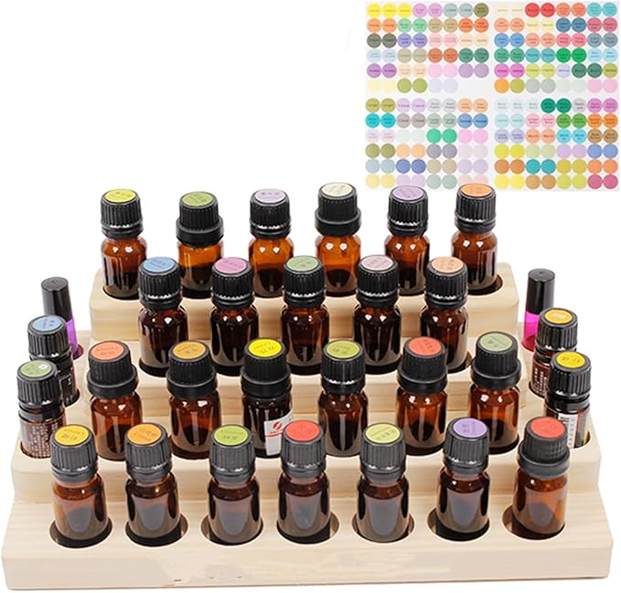 VolksRose 4-Tier Essential Oils Storage Rack, Wooden Essential Oils Nail Polish Display Holder Shelf, Cosmetic Perfume Essential Oil Organizer Stand - 30 Slots for (5ml 10ml 15ml 20ml) Bottles
