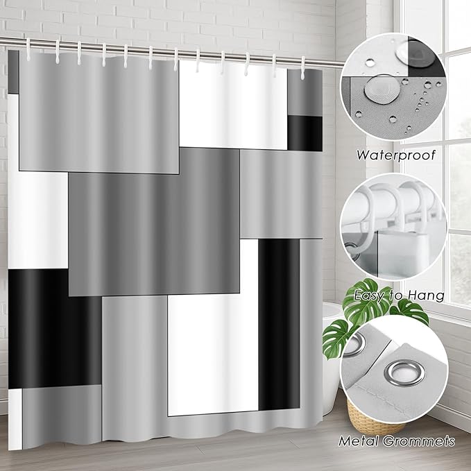 Geometric Checkered Grey Black Bathroom Decor and Accessories Set, Shower Curtain and Rug Set with Trash Can, Soap Dispenser, Soap Dish, Toothbrush Holder, Toothbrush Cup, Toilet Brush