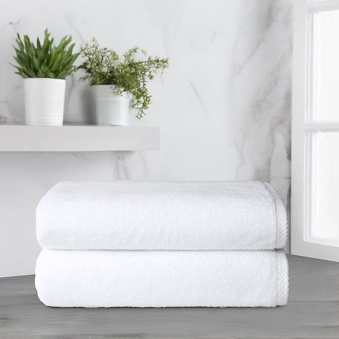 Amazon Basics 2-Piece Quick-Dry Oversize Bath Towel, 100% Cotton, 62" x 30", White