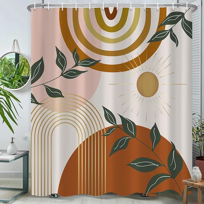 Boho Shower Curtain Mid Century Modern Shower Curtains For Bathroom Orange Minimalist Abstract Geometric Bohemian Shower Curtain Set Plant Botanical Leaf Fabric Bathroom Curtain 72x72 Inches