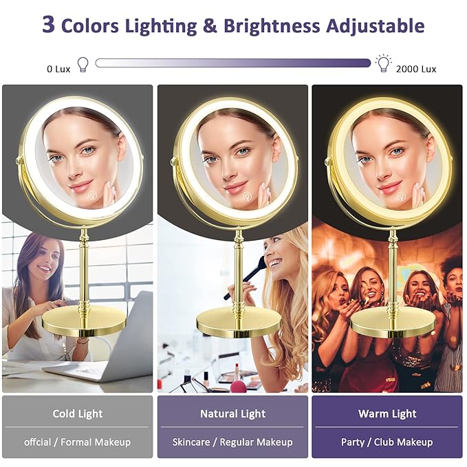 Gold Makup Mirror with Lights, 10X Magnifying Lighted Vanity Mirror, 8 Inches 360 Swivel Two-Sided Tabletop Mirror Gold Finish