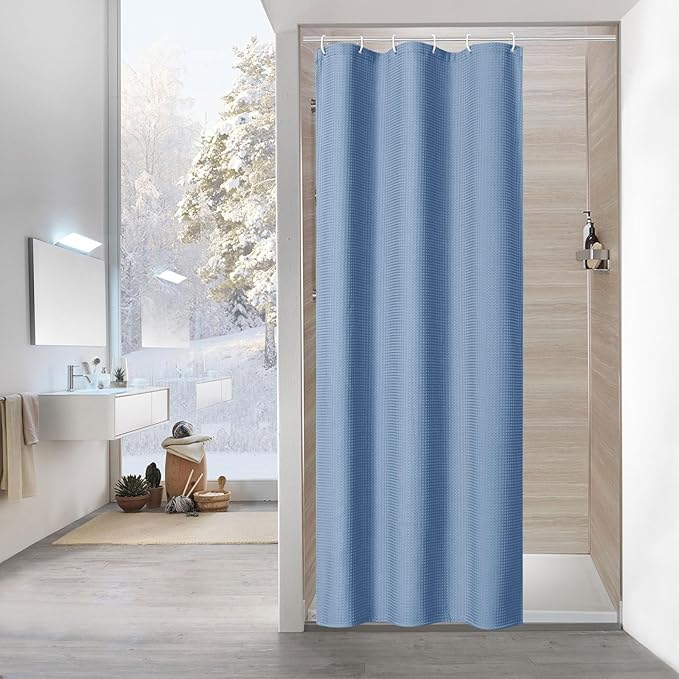 MitoVilla Blue Waffle Small Stall Shower Curtain 36 x 72, Half Size Fabric Narrow Shower Curtains for Bathroom Decor, 36 inch Weighted Shower Curtain Set with Plastic Hooks, Moonlight Blue