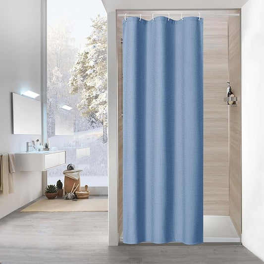 MitoVilla Blue Waffle Small Stall Shower Curtain 36 x 72, Half Size Fabric Narrow Shower Curtains for Bathroom Decor, 36 inch Weighted Shower Curtain Set with Plastic Hooks, Moonlight Blue