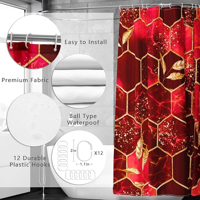 Poedist 4 Pcs Bathroom Shower Curtain Set,Red Honeycomb Marble Bathroom Sets with Rugs(Bath Mat,U Shape and Toilet Lid Cover Mat) and 12 Durable Hooks