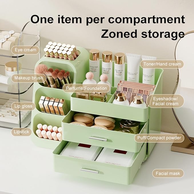 Booklov Makeup Organizer for Vanity, Large Capacity Cosmetic Display Case with Drawers, Countertop Beauty Storage Holder for Skincare, Brush Eyeliner Perfume Eyeshadow Lipsticks, Counter Desk, Green