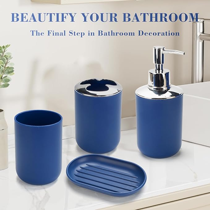 4 Pcs Bark Blue Bathroom Accessories Set,Bohemian Bathroom Toothbrush Holder Set.Include Soap Dispenser, Soap Dish, Toothbrush Holder, Mouthwash Cup, Modern Bahtroom Decor Set