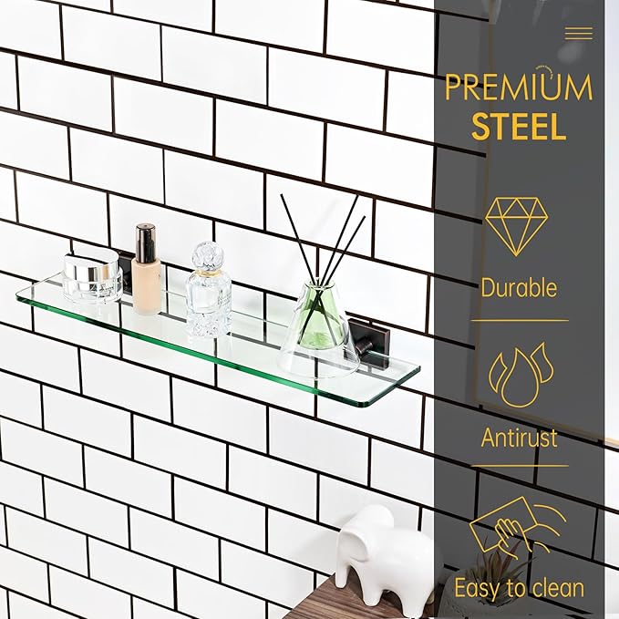 KOKOSIRI Wall Shelves for Bathroom Glass Floating Shelf 20-Inch Kitchen Rack Shower Storage, 2 Pack Oil Rubbed Bronze Stainless Steel B1107ORB-L20-P2