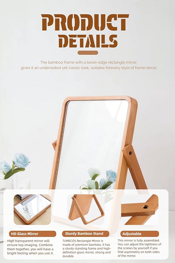 Tumecos Folding Bamboo Vanity Mirror, Tabletop & Wall Mounted 2-in-1 Makeup Mirror, Adjustable HD Rectangle Mirror with Sturdy Stand, Natural Bamboo Frame for Bathroom, Bedroom, Dressing Room,Gift,L