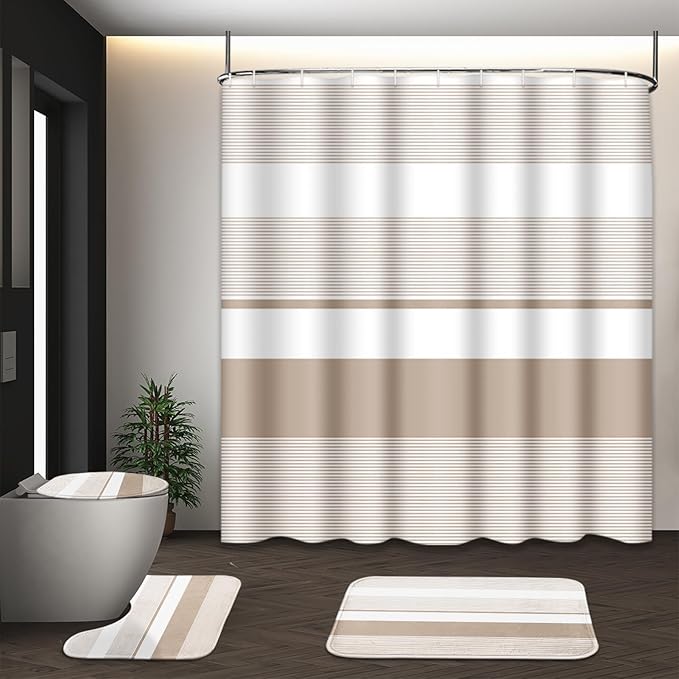 Beige Shower Curtain Set with Toilet Lid Cover and Non-Slip Rugs for Bathroom, Modern Striped Lines 4 Pcs Shower Curtain, Simple Abstract Bathroom Set with 12 Hooks