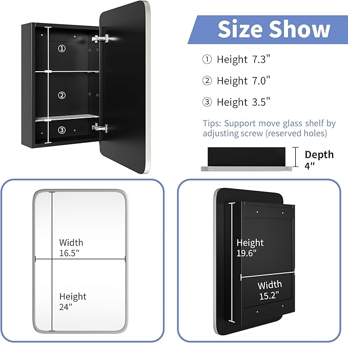 AGDULL Vintage-Style Bathroom Wood Black Cabinet with 16.5''x24'' Brushed Nickel Metal Frame Curved Mirror, Recessed Medicine Cabinet, Bathroom Storage Cabinet