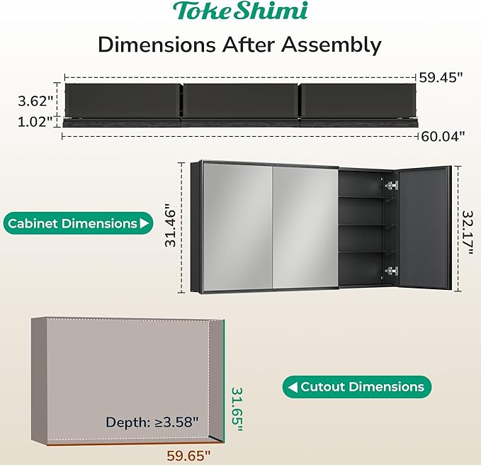 TokeShimi 60 x 32 Black Recessed Medicine Cabinet with Mirror, Assembly Required, Bathroom Medicine Cabinet with Mirror, Stepless Adjustable Shelves, Beveled Aluminum Frame, DTC Hinge