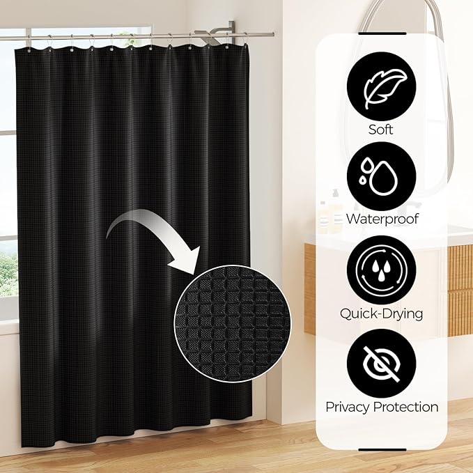 Bathroom Accessories Set - Black Bathroom Set with Shower Curtain and Rugs, Trash Can, Toilet Brush with Holder, Soap Dispenser, Toothbrush and Toothpaste Holder, Cup, Soap Dish, Qtip Holders, Tray