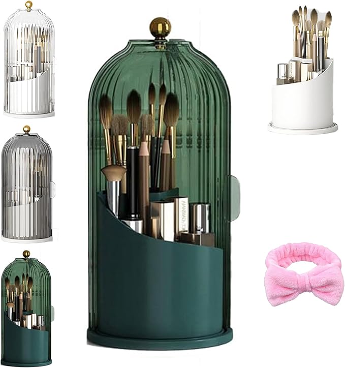 Makeup Brush Holder with Cover, Clear Dustproof Cosmetics Display Case, 360° Rotating Countertop Brushes Organizer for Bathroom Vanity Countertop (Green)