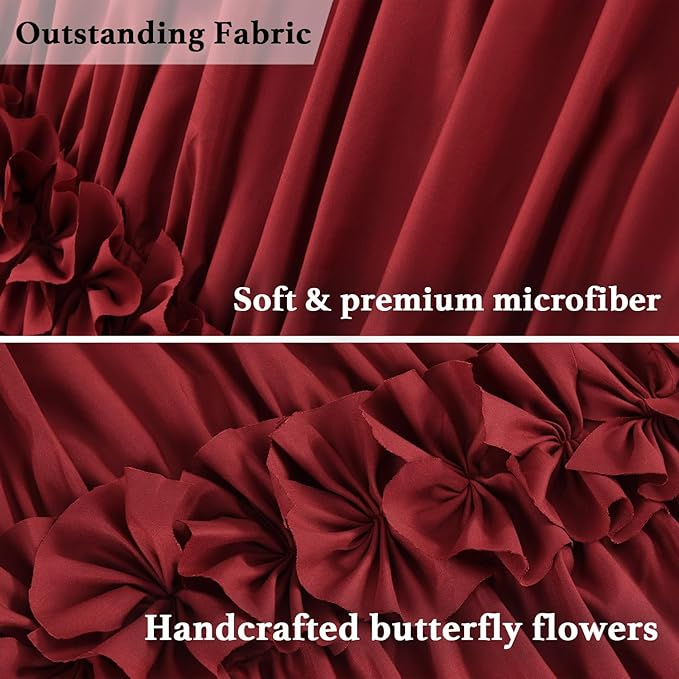 Burgundy Ruffle Shower Curtain, Vintage Handcrafted Bow Tie Bath Curtain for Master Bathroom, Ruched Microfiber Bathroom Curtain with 12 Buttonholes, 72" W x 72" H (LQ-10)