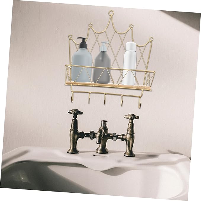 VALICLUD Crown Shaped Wall Storage Rack with Hook Decorative Floating Shelf Golden Color Easy to Install Suitable for Bedroom Bathroom Living Room Home Decor