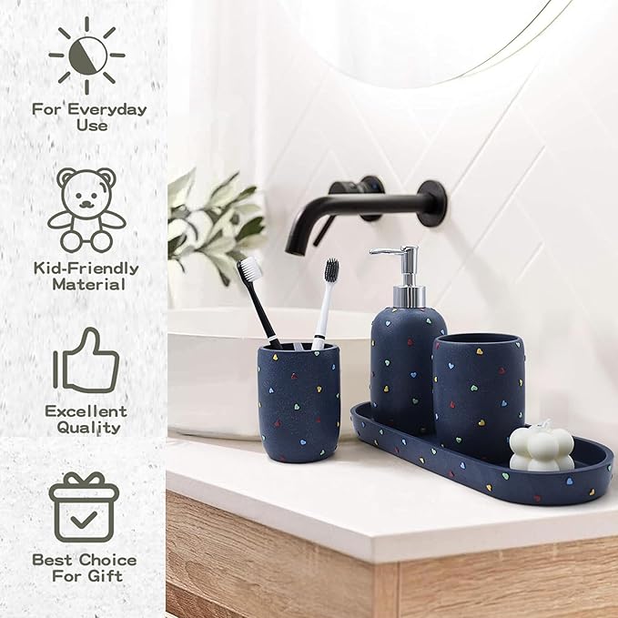 YMXYJM - Bathroom Accessories Sets 4-Piece, Premium Pastel Heart Bathroom Accessory Complete Set - Toothbrush Holder, Lotion Soap Dispenser, Vanity Tray, Bathroom Tumbler for Countertop Vanity, Blue