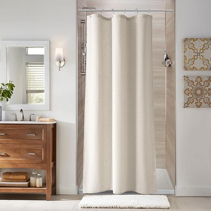 Naturoom 36 Inch Shower Curtain - Stall Narrow Half Green Linen Ultra Thick Fabric Shower Curtain Set with Hooks, Boho Farmhouse Rustic RV Camper Bath Curtains for Bathroom, Apricot, 36x72