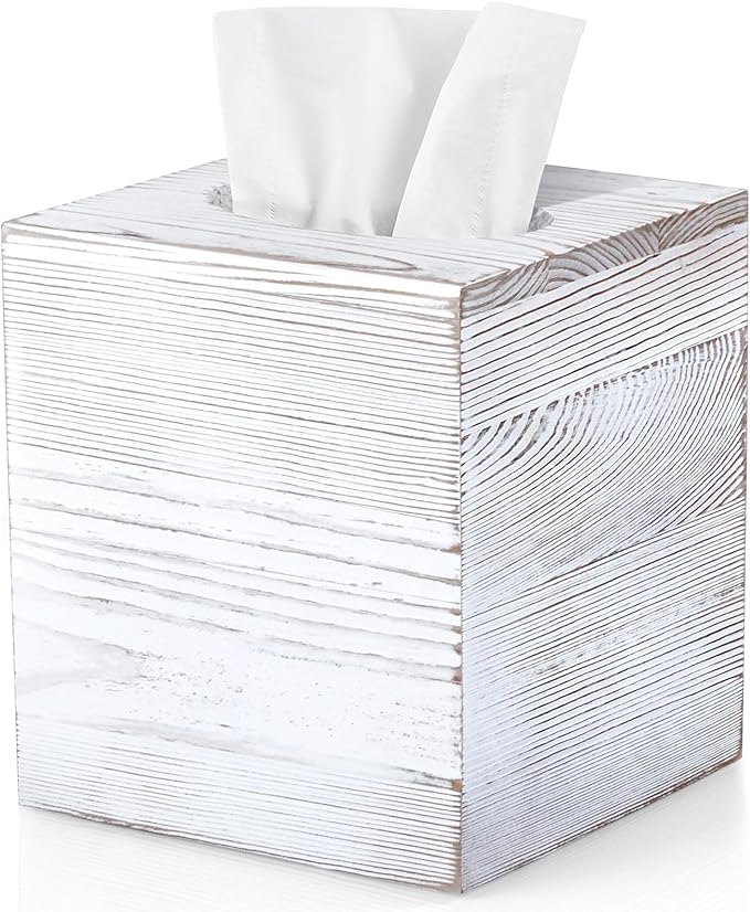 Wood Tissue Box Cover Square - Wooden Tissue Box Holder for Tabletop Night Stands Bathroom Office - Decorative White Facial Cube Tissue Box Cover