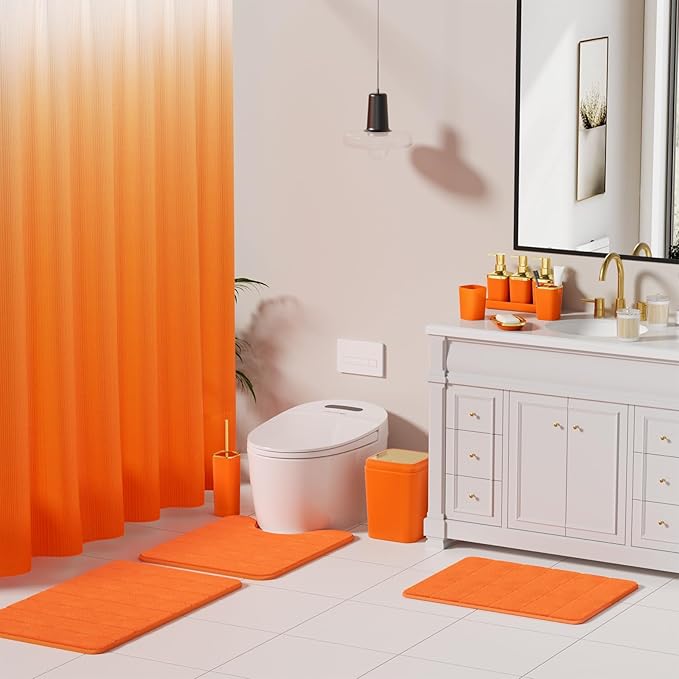 Bathroom Set - 27PC Bathroom Sets with Shower Curtain and Rugs, Orange Bathroom Set, Orange Bathroom Accessories Set with Push-lid Trash Can, Toilet Brush & Soap Dispensers