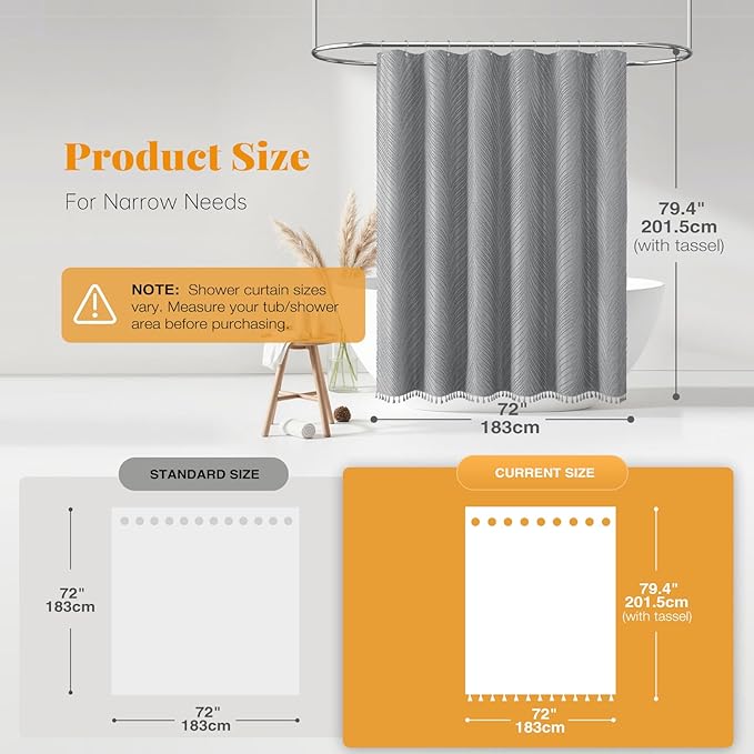BTTN Long Shower Curtain - 72x78 Boho Tufted Striped Tassel Fabric Shower Curtain Set with 12 Plastic Hooks, Water Repellent, Modern Farmhouse Cloth Shower Curtains for Bathroom, Grey/Gray