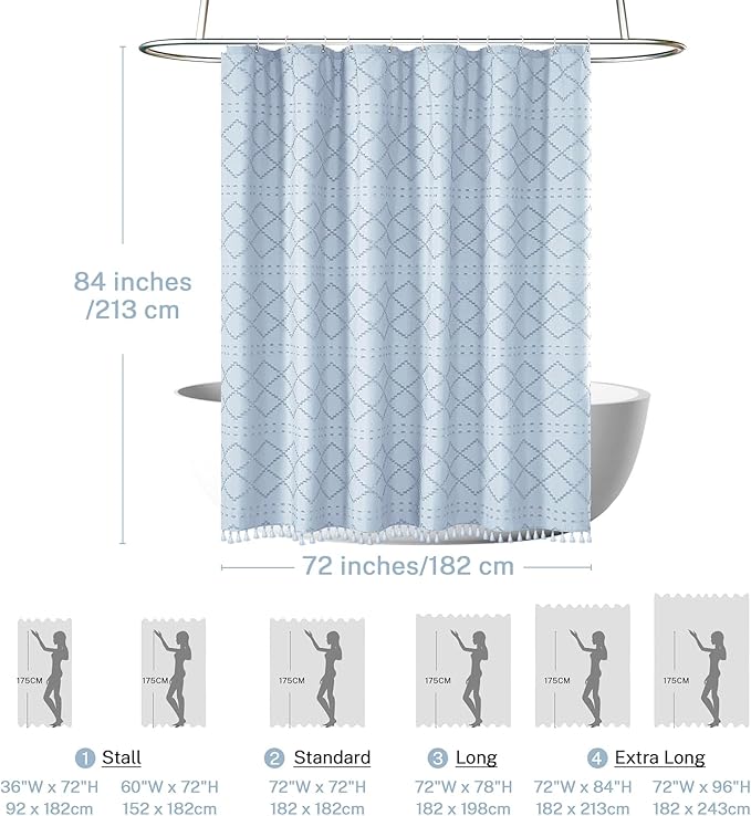 Extra Long Fog Blue Boho Shower Curtain - Woven Fabric, 72 x 84 Tufted Chevron Textured Striped Modern Farmhouse Minimalist Cloth Shower Curtain for Bathroom