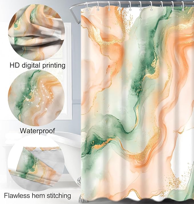 Lnond 4Pcs Marble Bathroom Sets with Shower Curtain and Rugs, Orange Green Marble Modern Art Bathroom Shower Curtain Sets with Rugs and Accessories
