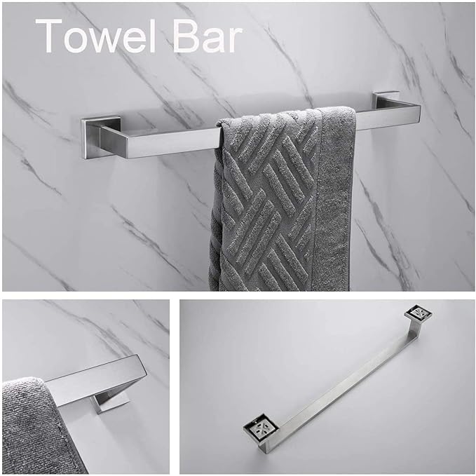 5-Piece Brushed Nickel Bathroom Hardware Accessory Set Including 24inch Towel Bar Toilet Paper Holder Towel Holder Robe Hook Premium SUS 304 Stainless Steel Wall Mounted Square Style,Rustproof