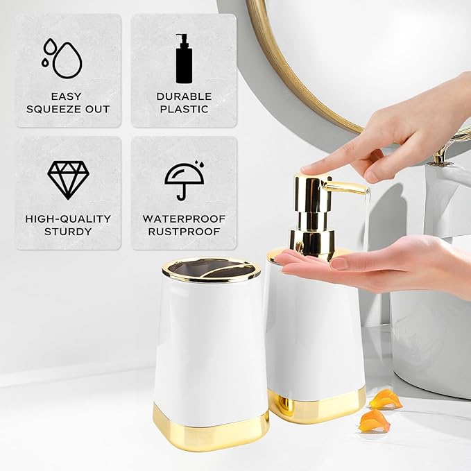 Bathroom Accessories Set, 2Piece White and Gold Bathroom Accessories Include Soap Dispenser and Toothbrush Holder for Modern Bathroom Decor