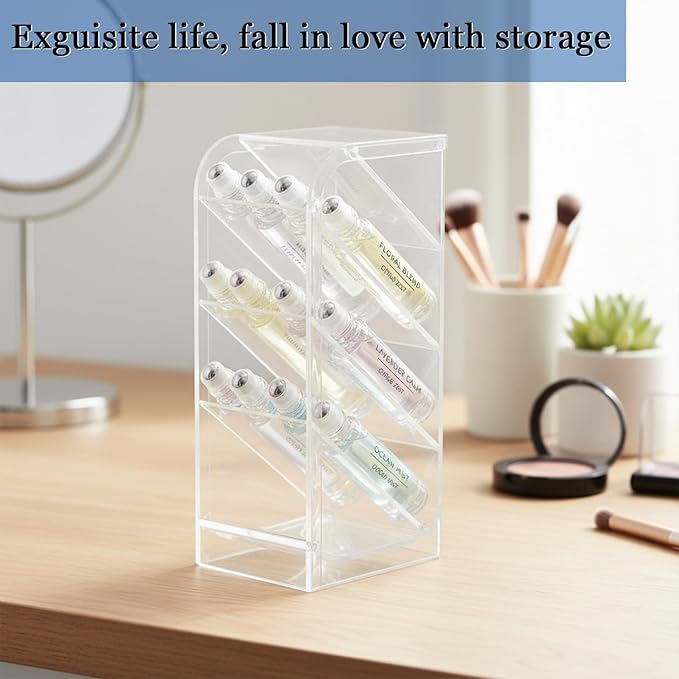 4-Tier Acrylic Rollerball Perfume Organizer, 45° Slanted Perfume Holder, Transparent ScentBird & Travel Size Perfume Sample Storage Case