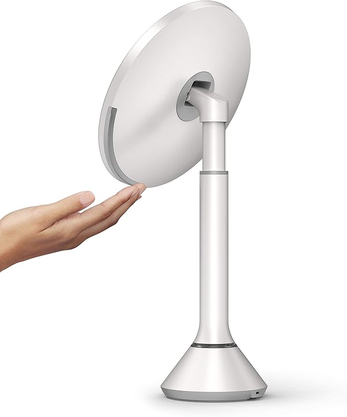 simplehuman 8" Round Sensor Makeup Mirror with Touch-Control Brightness, 5X Magnification, Rechargeable and Cordless, White Stainless Steel
