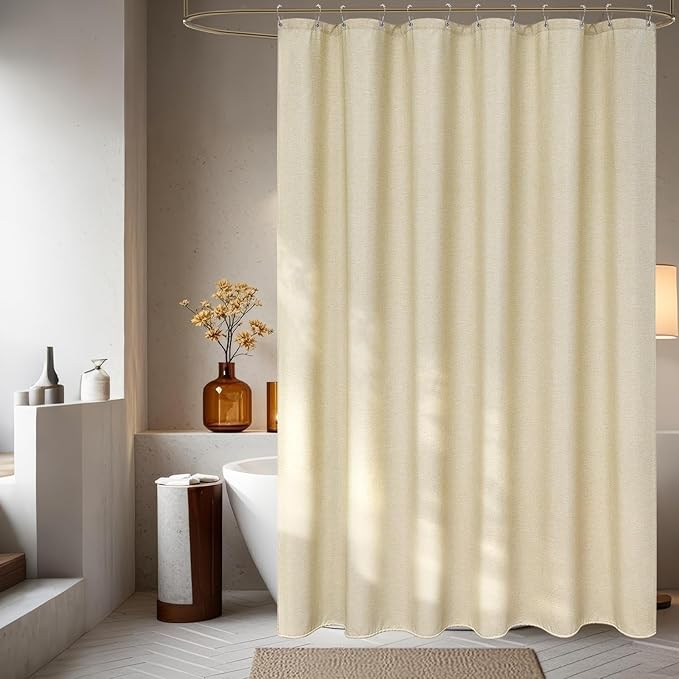 Natural Linen Look Farmhouse Shower Curtain Beige, Heavy Duty Faux Linen Fabric Shower Curtain Water Resistant, 72 x 72 inch Hotel Quality Washable Cream Shower Curtains for Bathroom