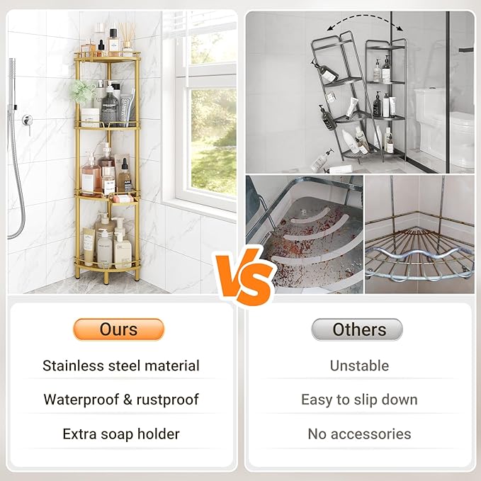 ELYKEN Corner Shower Caddy Standing, 4 Tier Rustproof Metal Shower Organizer with Soap Holder, Floor Shower Corner Shelf Rack Storage Stands with Adjustable Feet & 2 Hooks for Bathroom, Gold