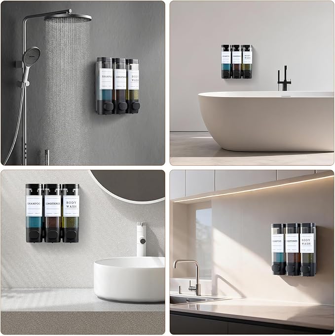 Shampoo and Conditioner Dispenser,Shower Soap Dispenser 3 Chamber No Drill Wall-Mounted for Bathroom & Hotel Leak-Proof Pumps, for Thick Liquids Like Conditioner - 1050ML High Capacity, Black