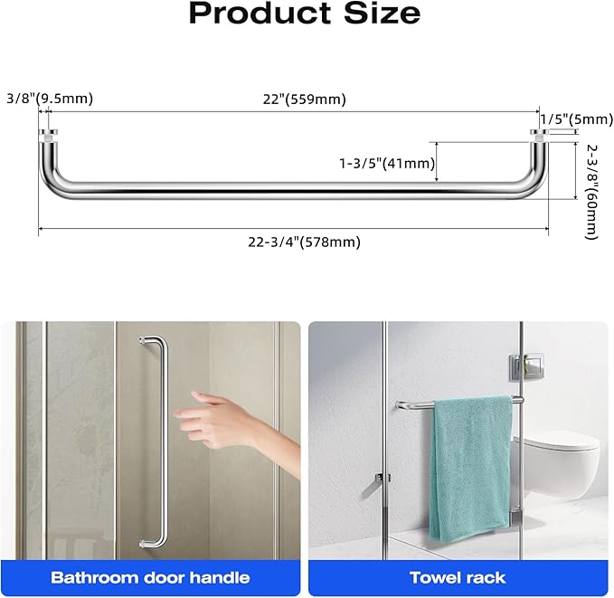 Ranbo Glass Shower Door Towel Bar 22 Inch Stainless Steel Sliding Shower Door Handle Replacement with Polished Chrome Finish for Commercial and Residential Glass Doors