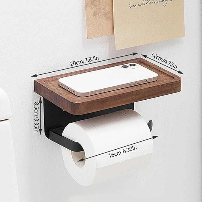 Walnut Bathroom Shelf Stainless Steel Holder Wall Mount Phone Storage Home Decoration