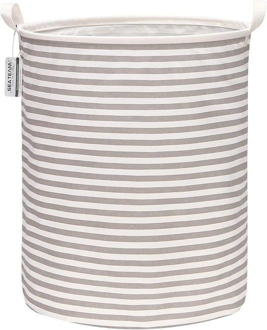 Sea Team 19.7 Inches Large Sized Waterproof Coating Ramie Cotton Fabric Folding Laundry Hamper Bucket Cylindric Burlap Canvas Storage Basket (19.7", Grey & White Stripe)