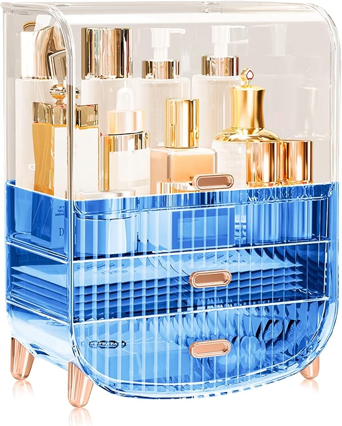Ergocar Portable Transparent PET Series Multi-Function Make Up Case Dustproof Cosmetic Storage Box, Cosmetics Skin Care Products Jewelry Organizer Case Lipstick Box - Blue Three Layers