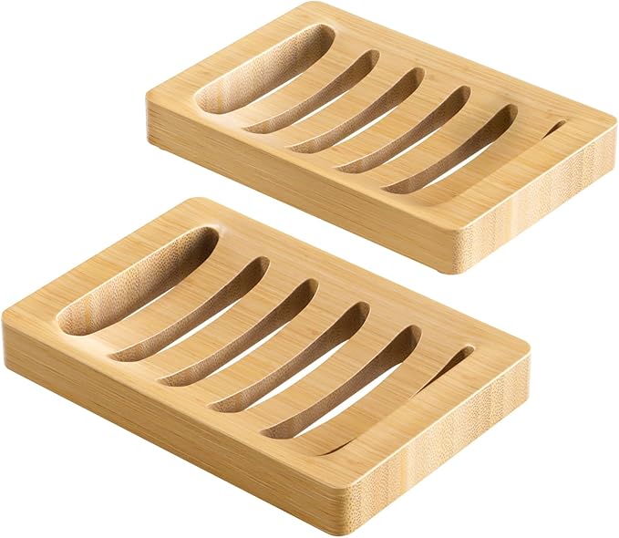 AmazerBath Soap Holder Soap Dish, Bamboo Soap Dish, 2 Pack Wood Bar Soap Holder for Shower, Trays Self Draining, Soap Saver for Shower, Bathroom, Kitchen(Natural Color)