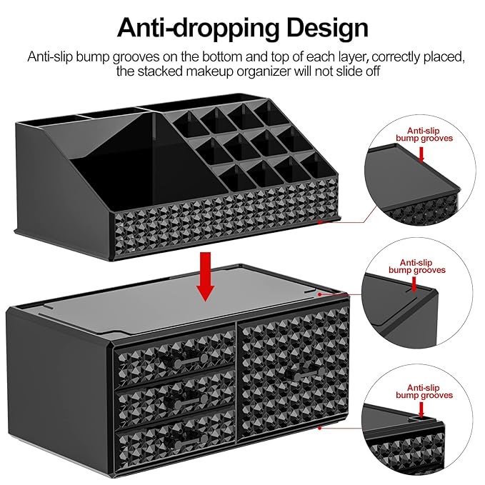 Awenia 4 Pack Stackable Makeup Organizer[Upgraded],Acrylic Cosmetics Storage Cases with 11 Drawers Perfume Organizers For Brush Holder or Jewelry Display,Plus Size(Black)