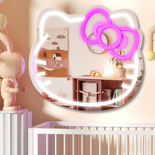 MCJSGSP Anime Hello Kit Cat Neon Sign Mirror 12 * 9.5 inch Vanity Mirror with Lights Bedroom Wall Mirror for Pink Room Decor and a Makeup Mirror with Lights Teen Girl Gifts