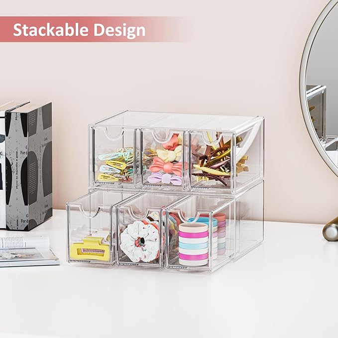 Hair Accessories Organizer for Girls, Clear Acrylic Hair Tie Bow Claw Clip Scrunchie Holder with 3 Drawers, Cute Stackable Storage Container Caddy Box for Bathroom Vanity Countertop