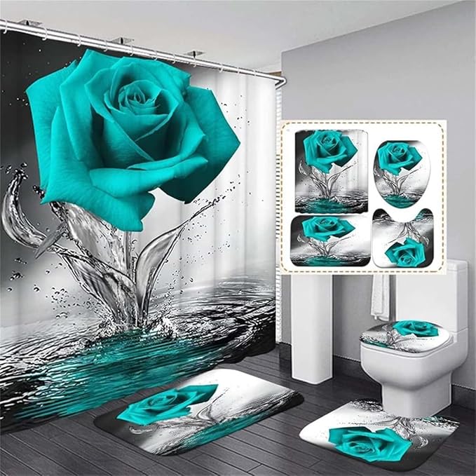 Teal Rose Modern Style Floral Shower Curtain Set with Non-Slip Rugs, Bath Mat, Toilet Lid Cover and 12 Strong Hooks for Bathroom, 70.87"W x 70.87"L