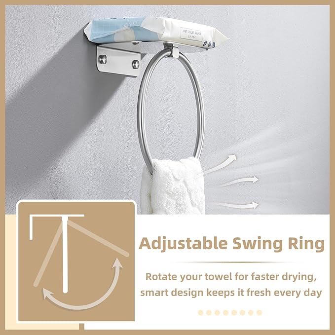 APLusee Towel Ring with Shelf Brushed Nickel, 304 Stainless Steel Rustproof Wall Mounted Holder, Space-Saving Storage for Hand Towels & Bathroom Essentials